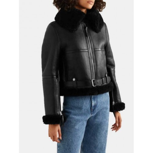 Women’s Aviator Cropped Shearling Leather Jacket